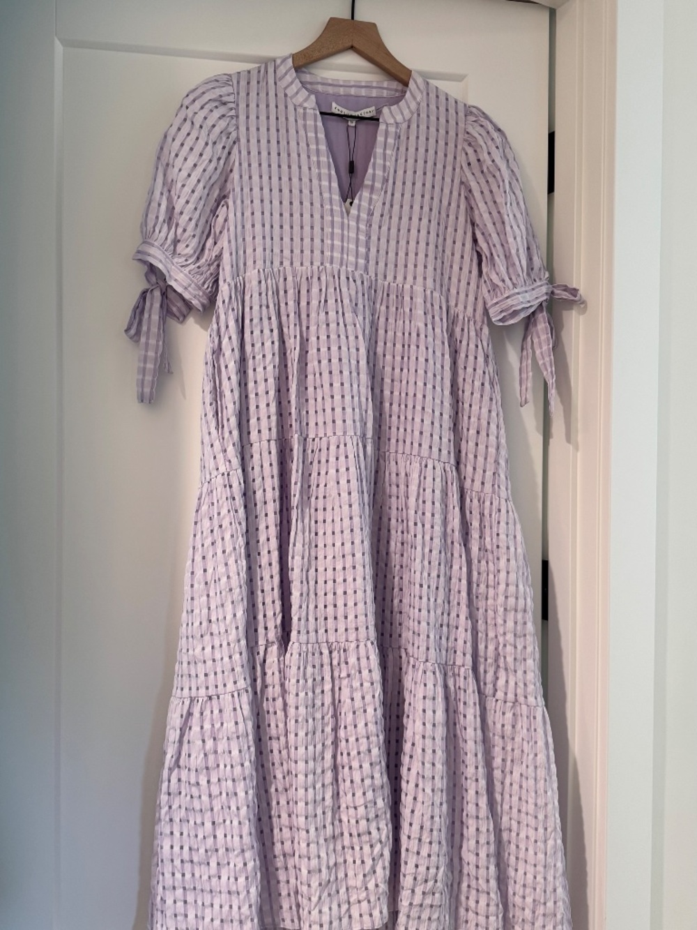 English Factory Gingham Tiered Midi - Size XS in Lavender Gingham